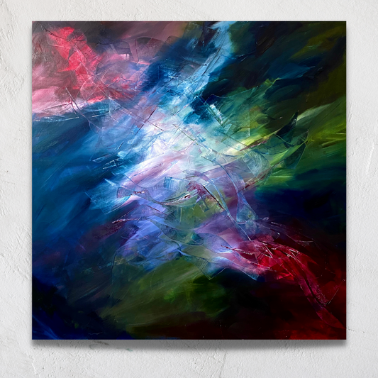 Abstract oil painting on canvas with dynamic explosive colors predominantly blue, green, red, and purple, displayed on a white wall.